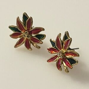 Vintage Metal Enamel MCM Poinsettia Flower Christmas Earrings